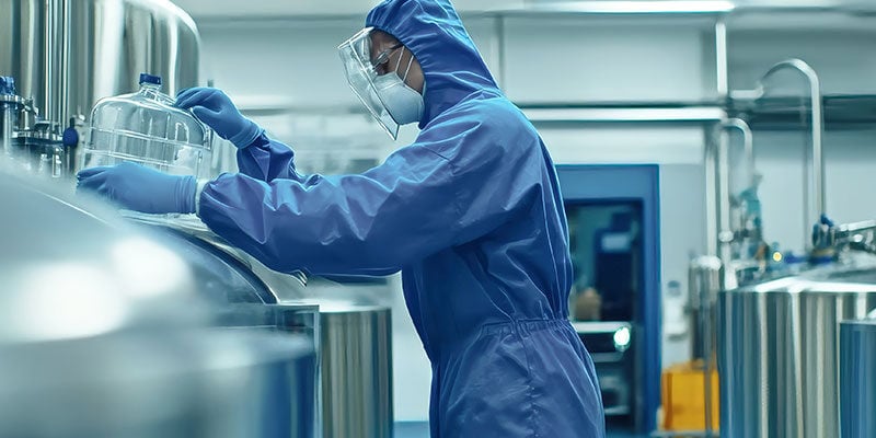 Life Sciences Worker Cleaning Metal Tanks on a Biotech Facility